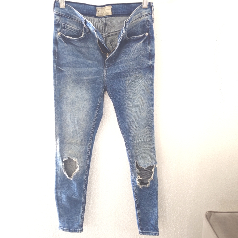 Free People Size 25 Distressed Busted Knee Blue Skinny Jeans Damaged